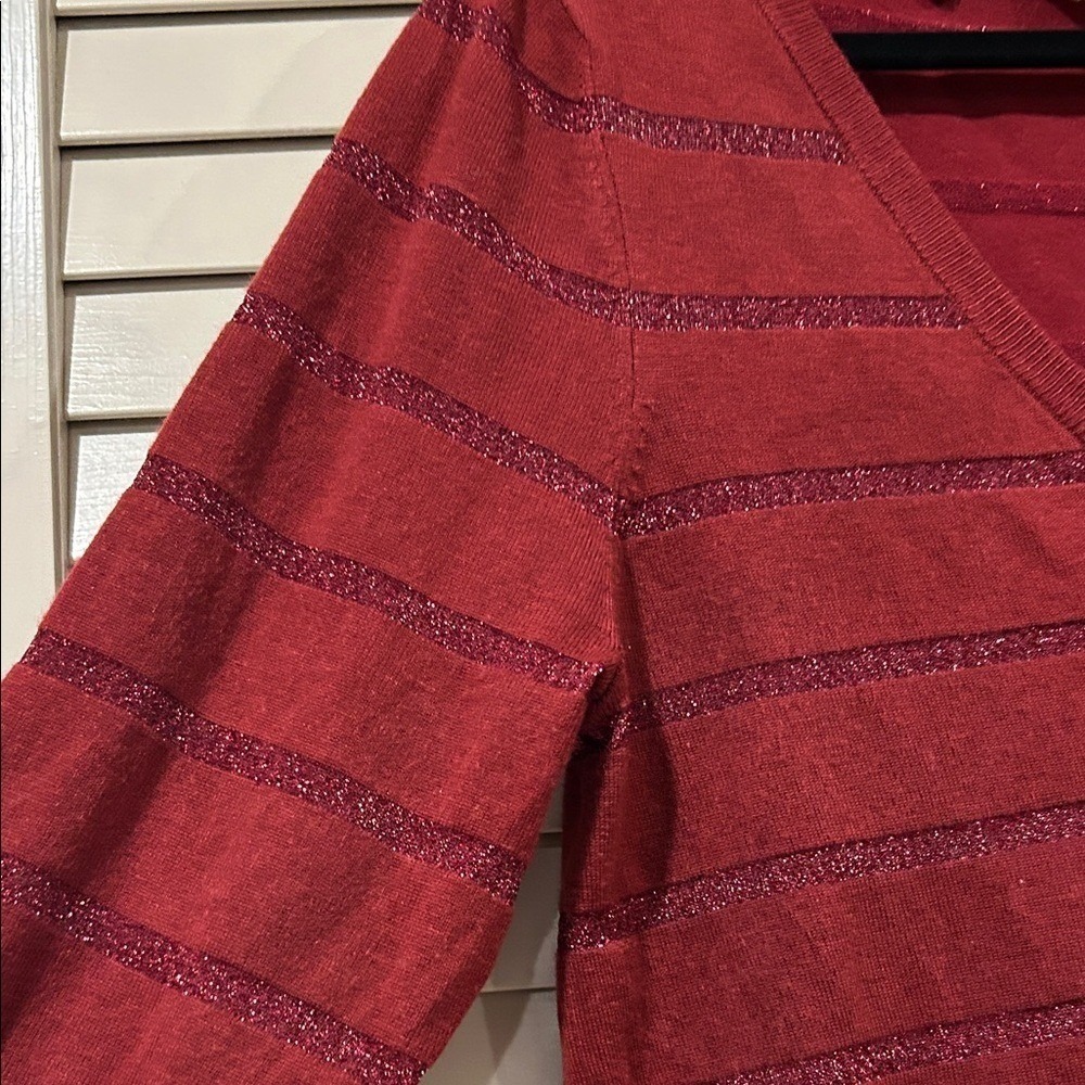 ModCloth Burgundy V-Neck Button Cardigan W/ Glitter Stripes Size L - Picture 5 of 7